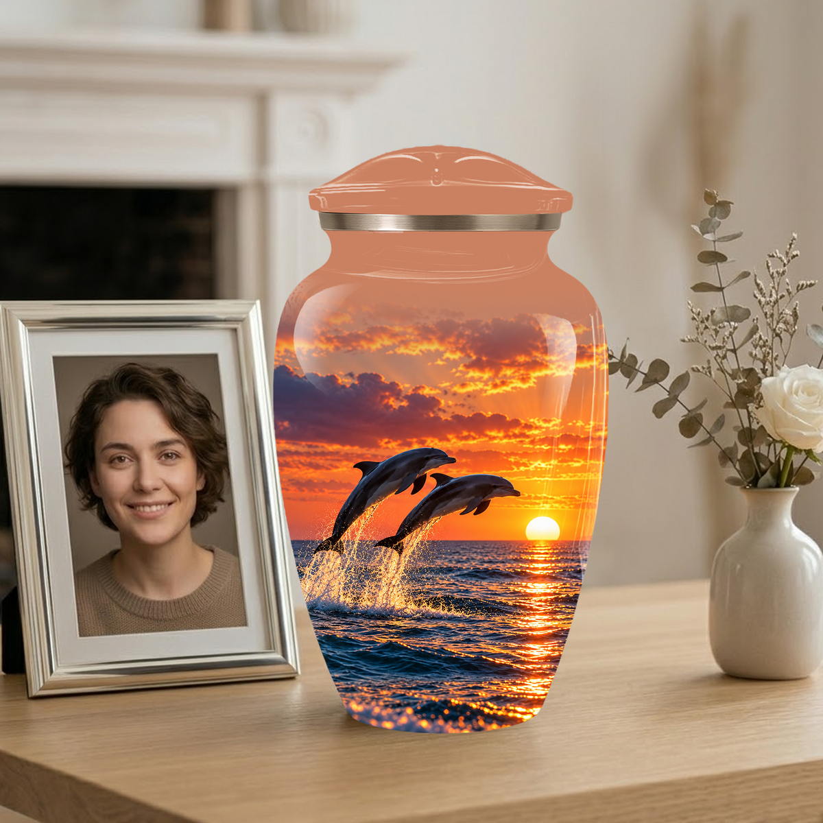 Dolphin Cremation Urn for Ashes, Ocean Sunset Design, Custom Adult Urn for Loved Ones