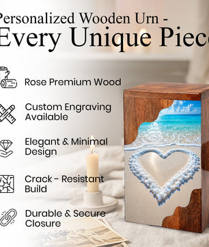 Heart in the Sand Wooden Cremation Urn – Personalized Memorial Urn for Human Ashes