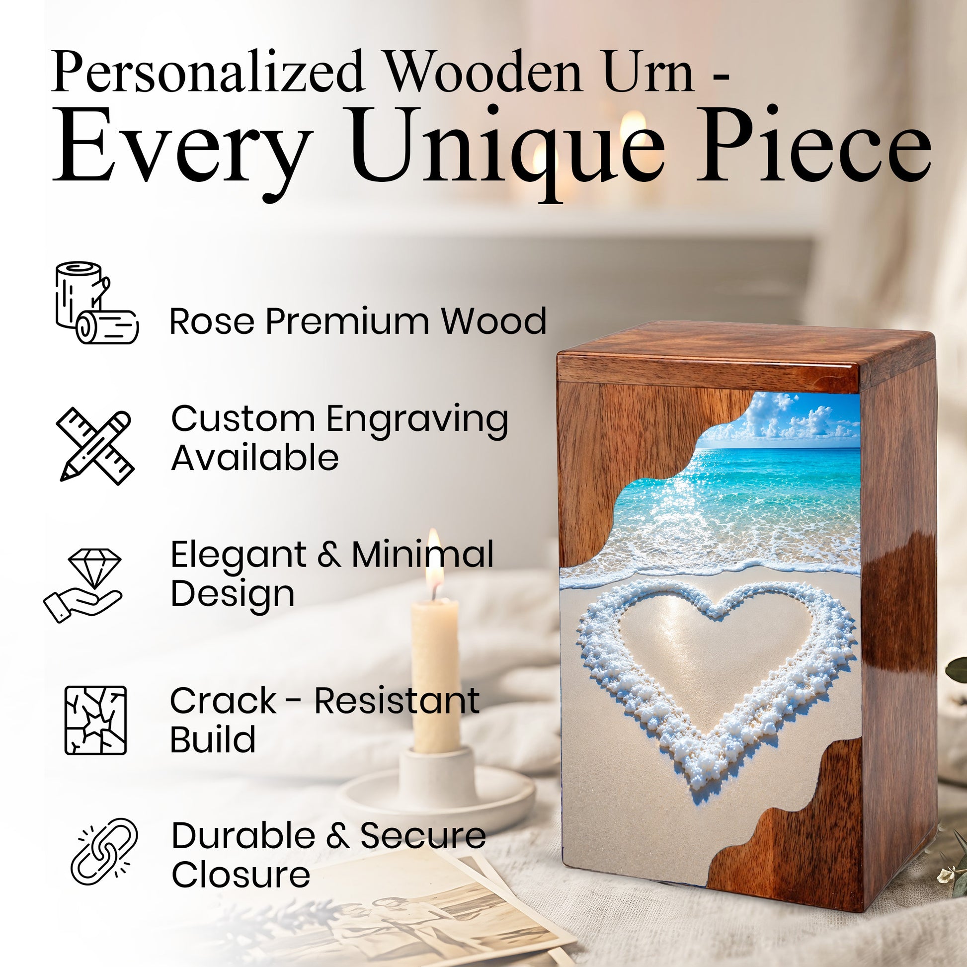 Heart in the Sand Wooden Cremation Urn – Personalized Memorial Urn for Human Ashes