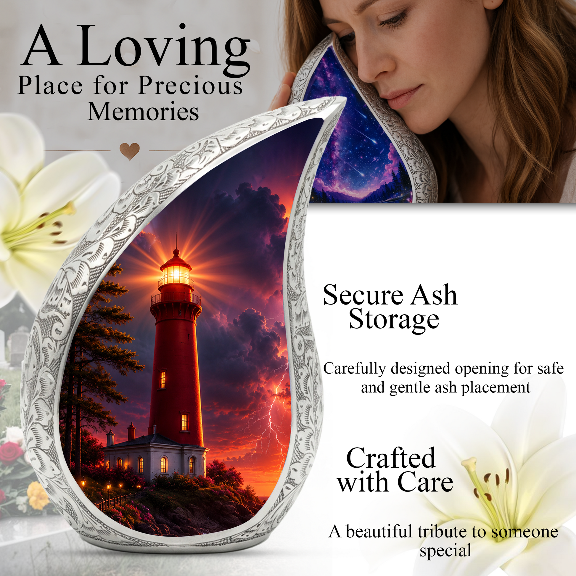 Orange Lighthouse Thunder Urn for Human Ashes | Adult Cremation Urn for Men & Women
