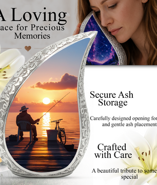 Fishing Personalized Cremation Urn for Dad – Teardrop Style Aluminum Memorial Urn, 10 Inch