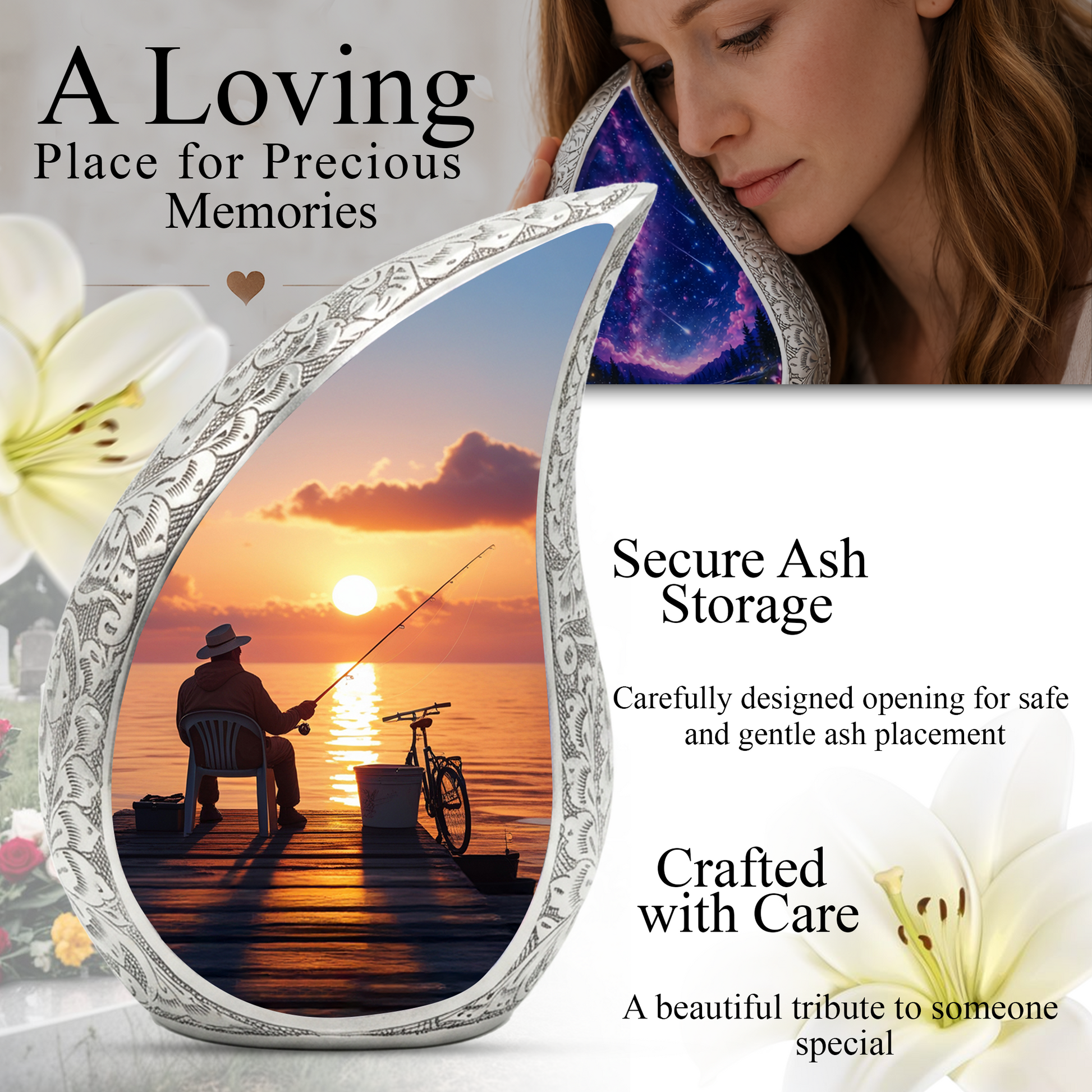 Fishing Personalized Cremation Urn for Dad – Teardrop Style Aluminum Memorial Urn, 10 Inch