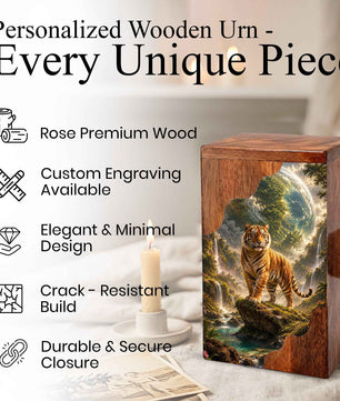 Personalised Urns for Dad, Wooden Cremation Urn for Human Ashes, Tiger Memorial Urn