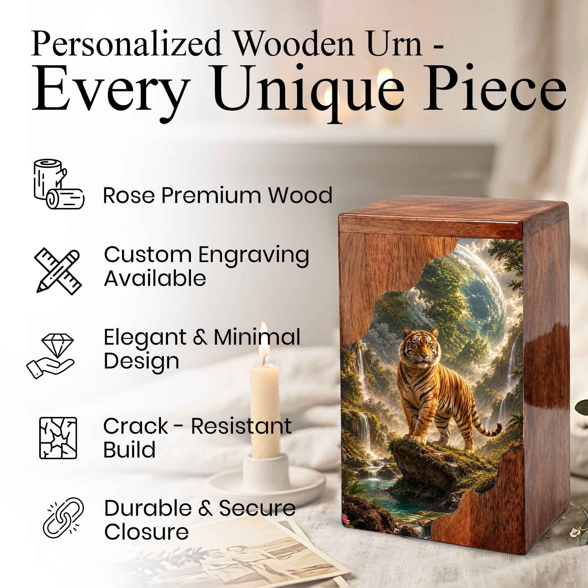 Personalised Urns for Dad, Wooden Cremation Urn for Human Ashes, Tiger Memorial Urn