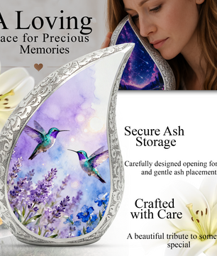Hummingbird Personalized Cremation Urn for Mom – Teardrop Style Aluminum Memorial Urn, 10 Inch