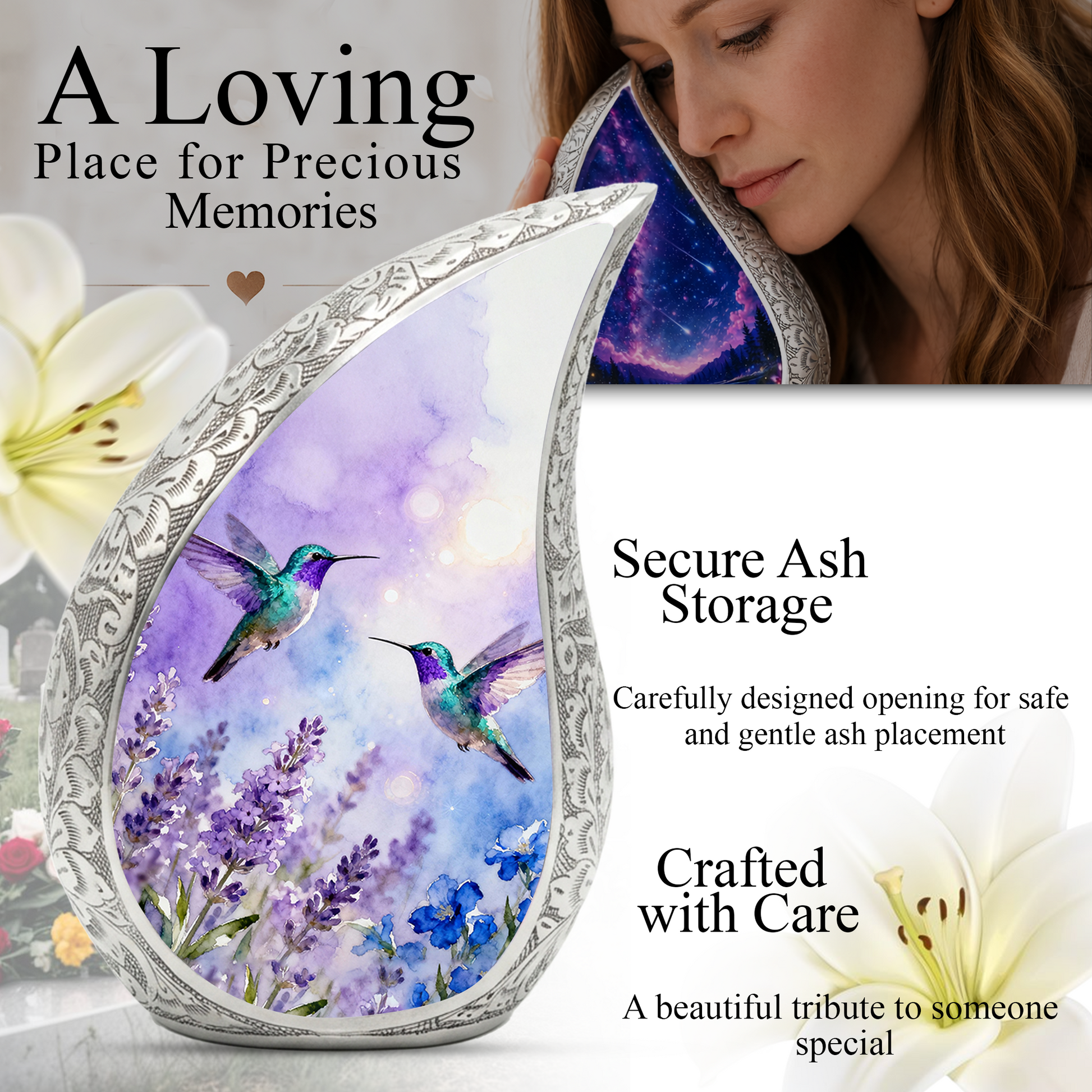 Hummingbird Personalized Cremation Urn for Mom – Teardrop Style Aluminum Memorial Urn, 10 Inch