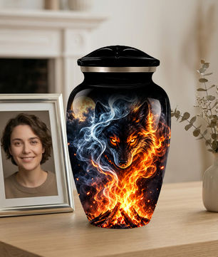 Personalized Adult Cremation Urn for Ashes, Fiery Wolf Memorial Urn, Black Wolf Cremation Urn