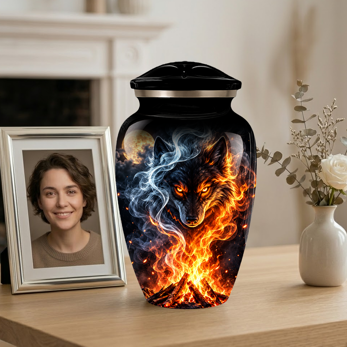 Personalized Adult Cremation Urn for Ashes, Fiery Wolf Memorial Urn, Black Wolf Cremation Urn