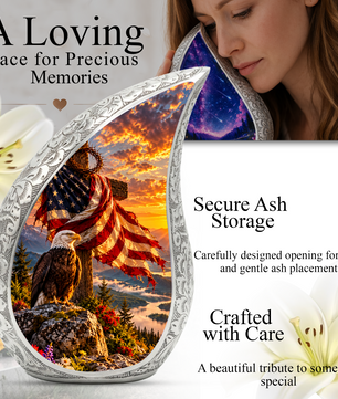 Christian Cremation Urn for Adult Ashes, Jesus Cross and American Flag Memorial Urn