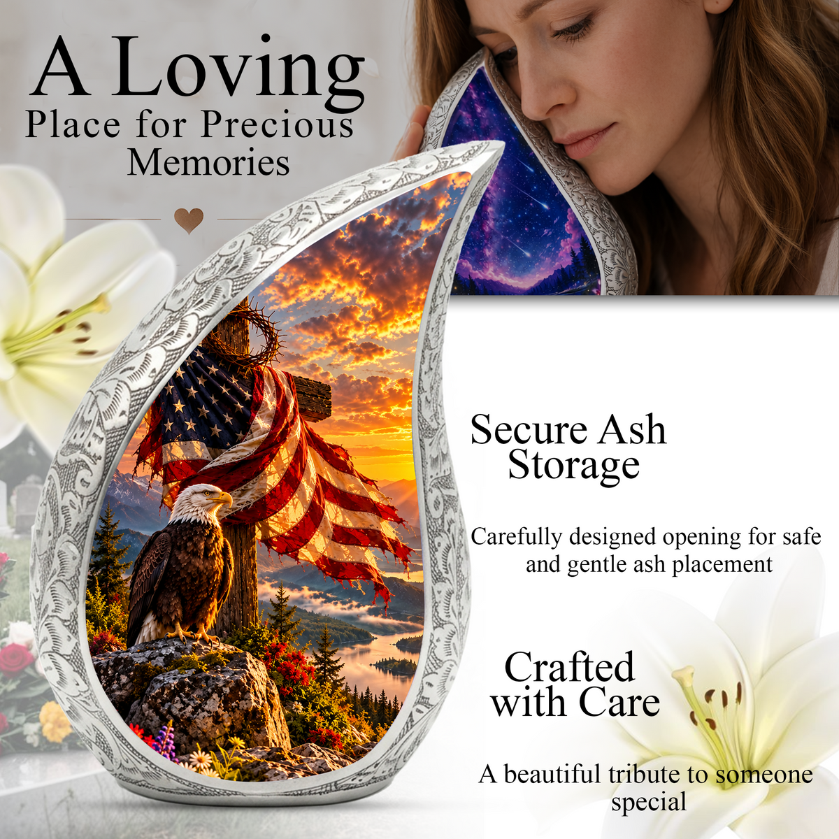 Christian Cremation Urn for Adult Ashes, Jesus Cross and American Flag Memorial Urn