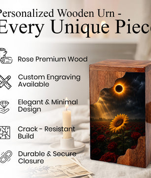 Sunflower Wooden Cremation Urn for Mom | Eclipse Memorial Urn for Human Ashes