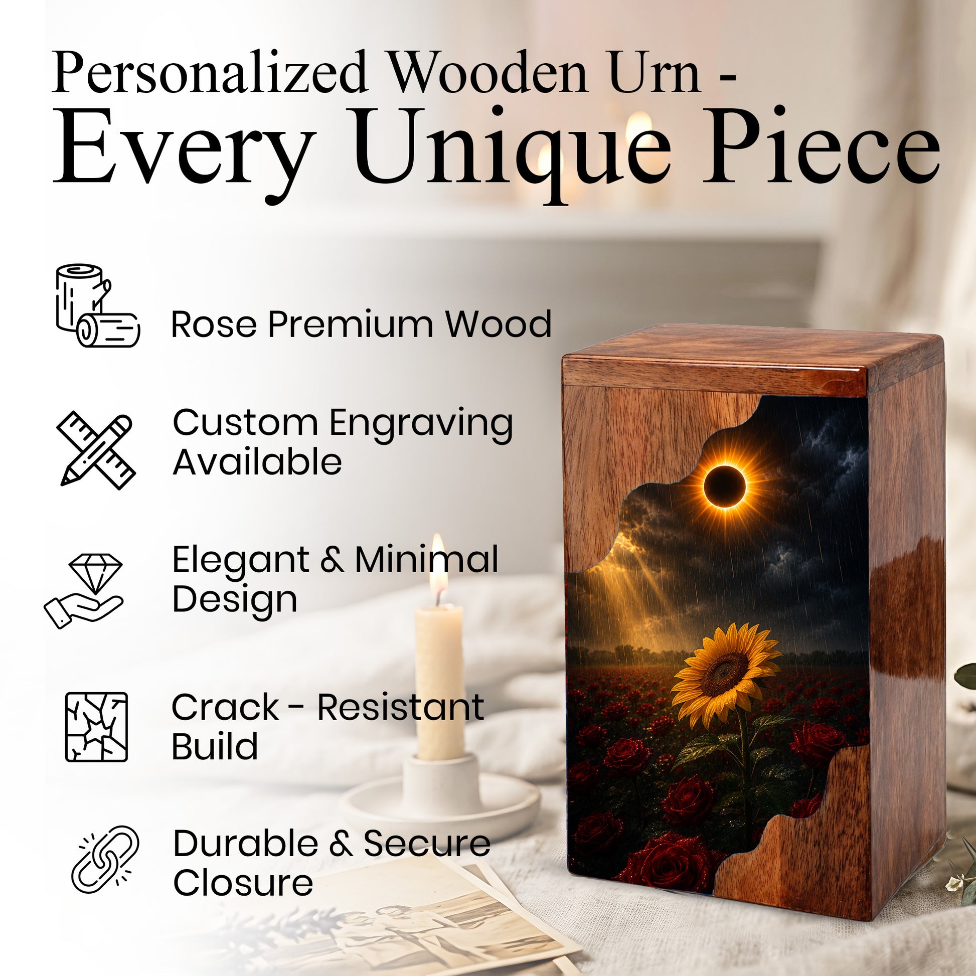 Sunflower Wooden Cremation Urn for Mom | Eclipse Memorial Urn for Human Ashes