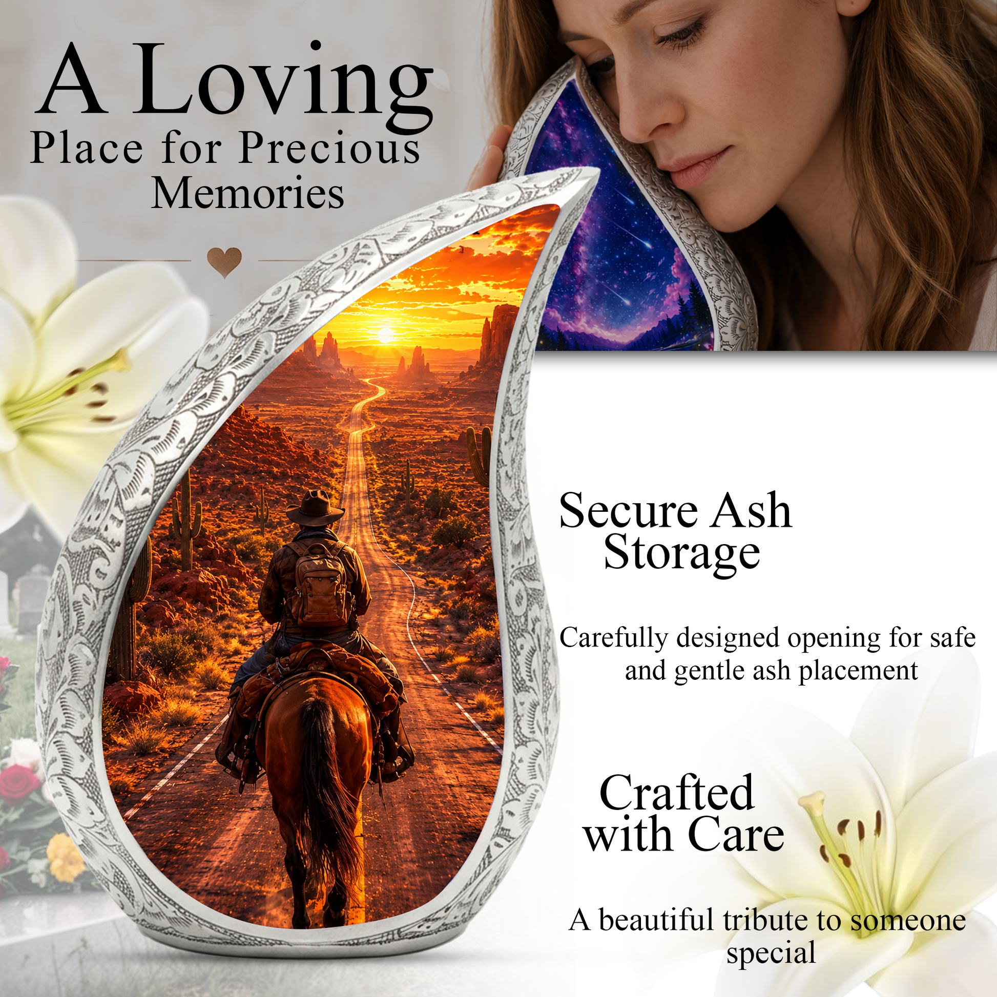 Cowboy Sunset Urn for Dad | Western Horse Cremation Urn for Human Ashes