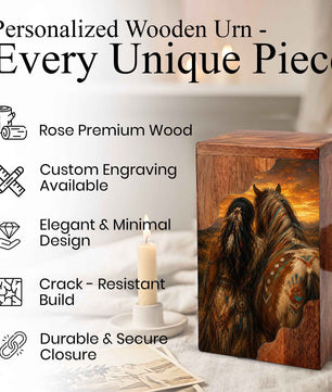Native Spirit Wooden Cremation Urn – Horse Memorial Urn for Human Ashes | Sunset Tribute Wooden Urn