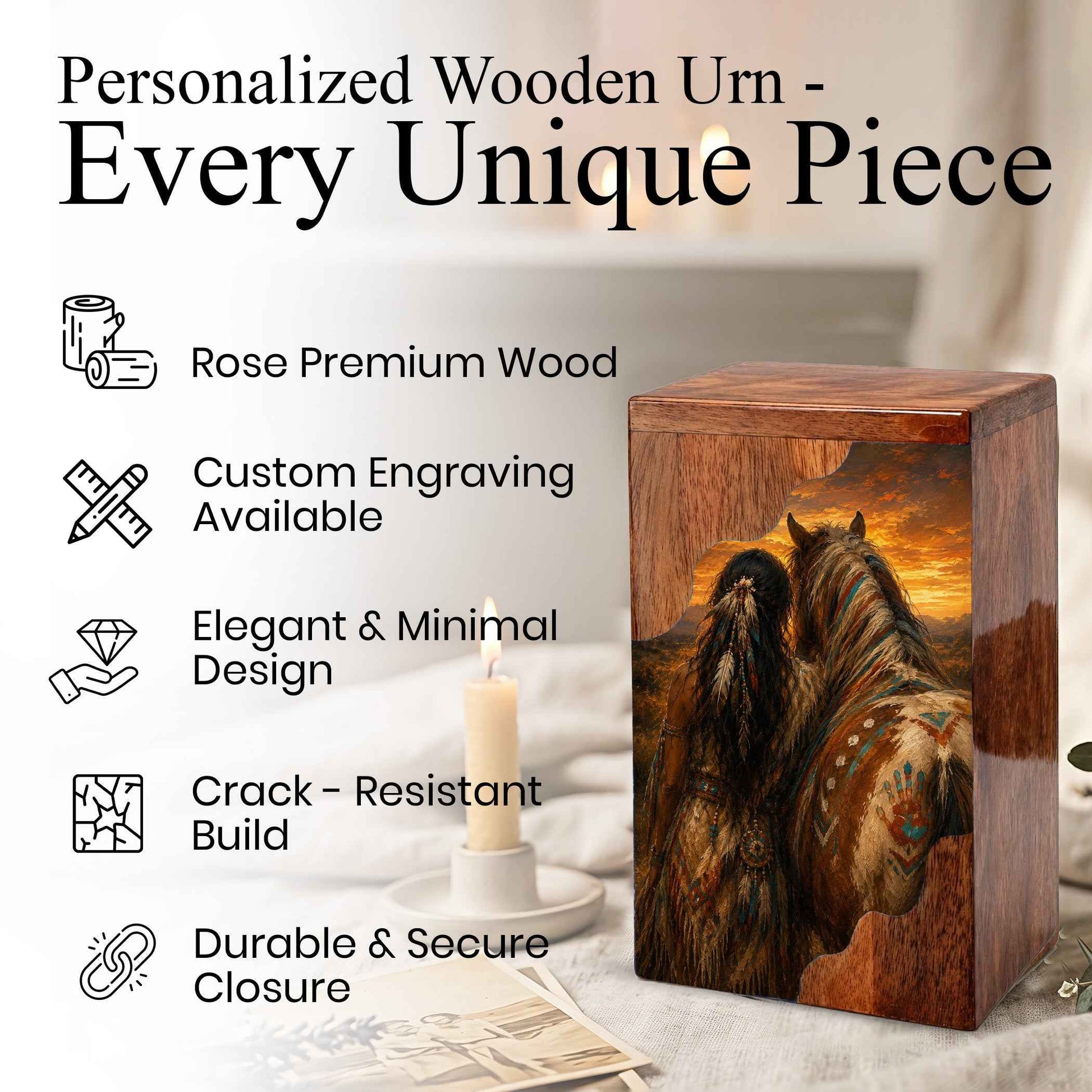 Native Spirit Wooden Cremation Urn – Horse Memorial Urn for Human Ashes | Sunset Tribute Wooden Urn