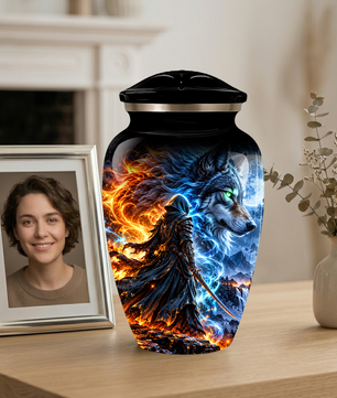 Personalized Adult Cremation Urn for Ashes, Fire and Ice Wolf Warrior Memorial Urn, Custom Aluminum Urn