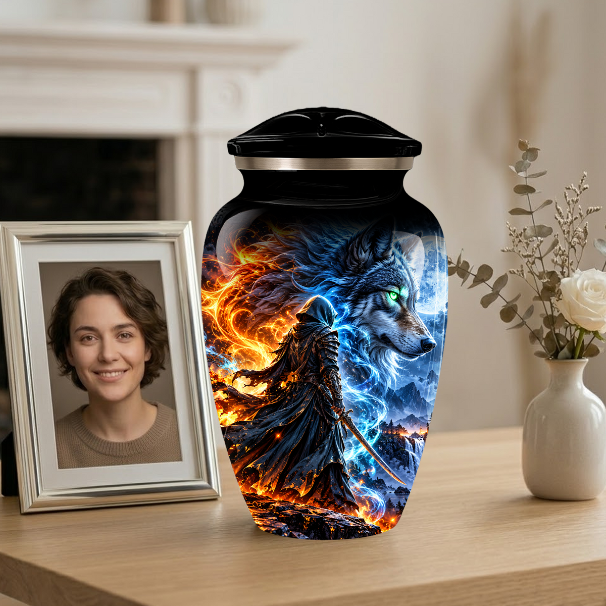 Personalized Adult Cremation Urn for Ashes, Fire and Ice Wolf Warrior Memorial Urn, Custom Aluminum Urn