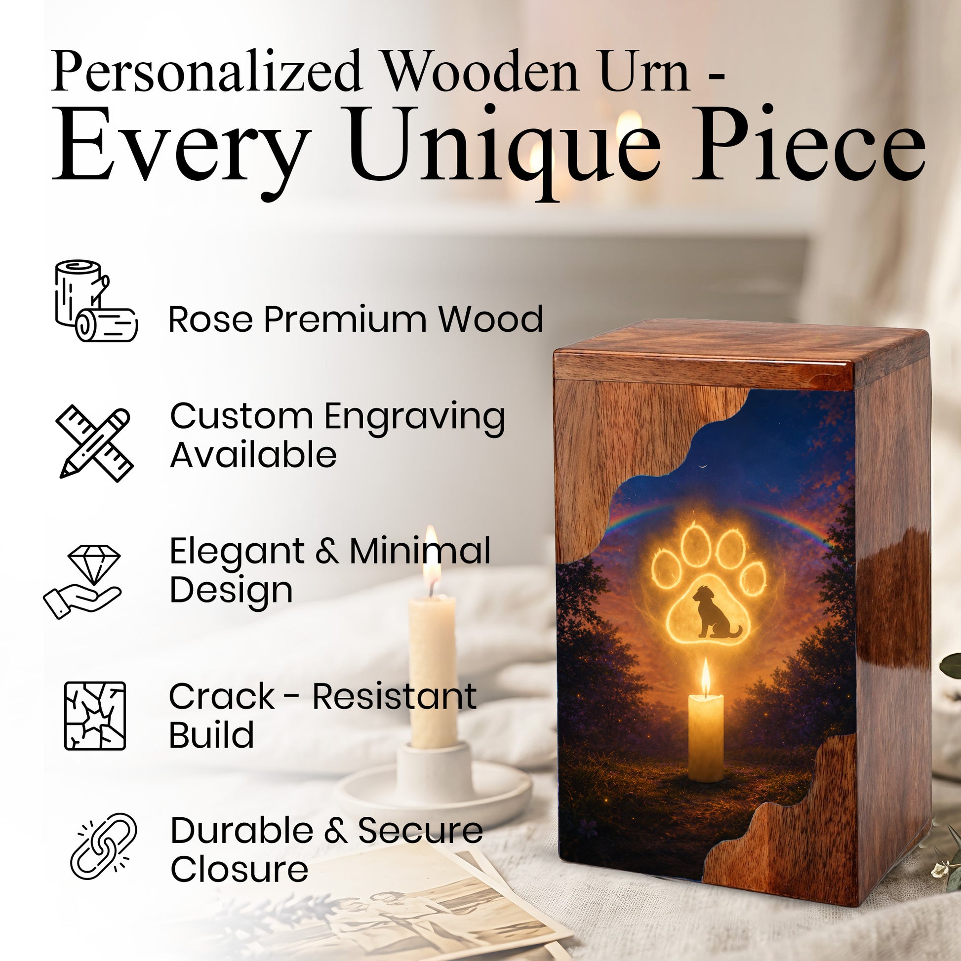 Personalized Dog Urn for Ashes, Rainbow Bridge Wooden Cremation Urn