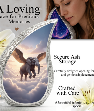 Heavenly Elephant Personalized Cremation Urn – Teardrop Memorial Urn for Ashes | 10 Inch Aluminum Adult Urn