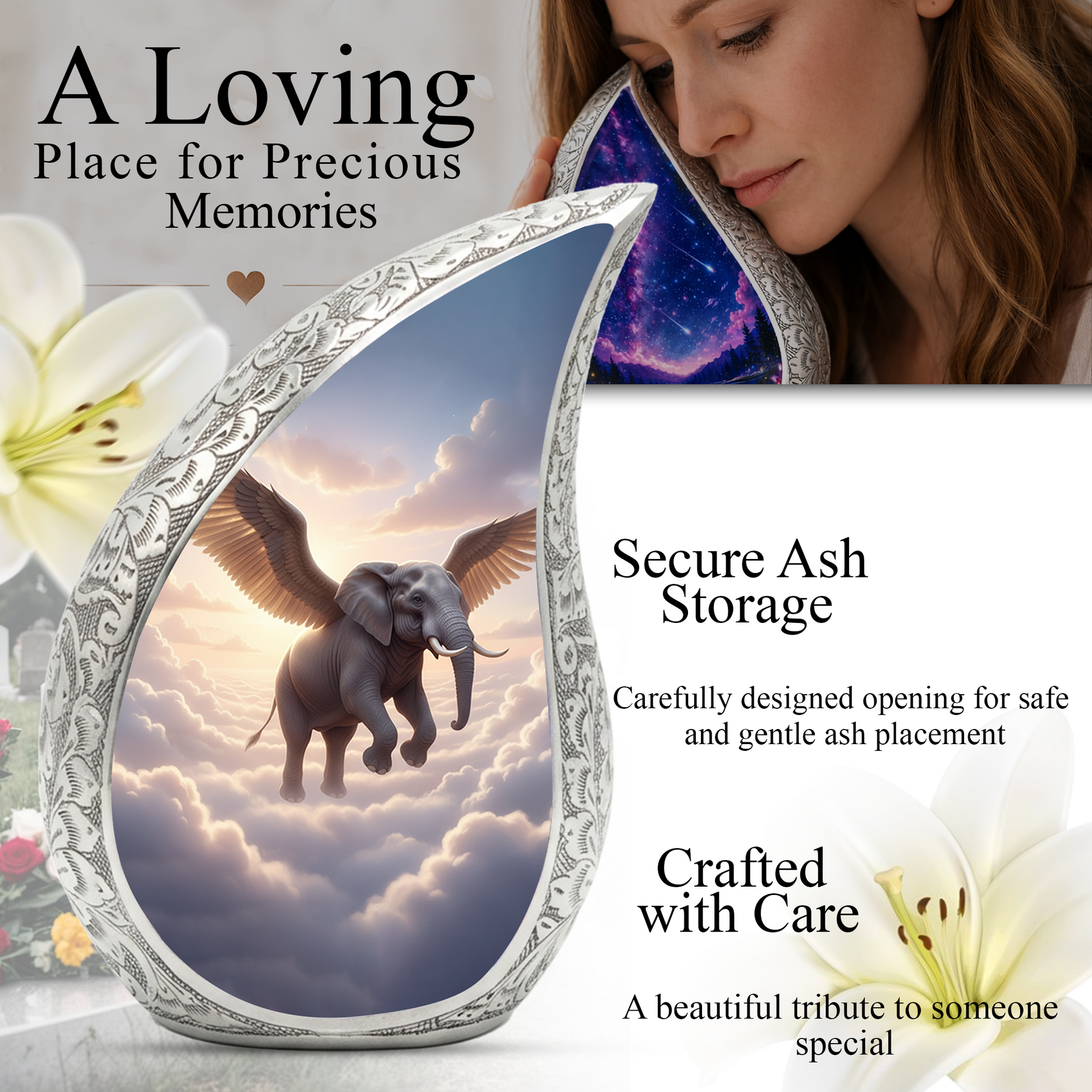 Heavenly Elephant Personalized Cremation Urn – Teardrop Memorial Urn for Ashes | 10 Inch Aluminum Adult Urn