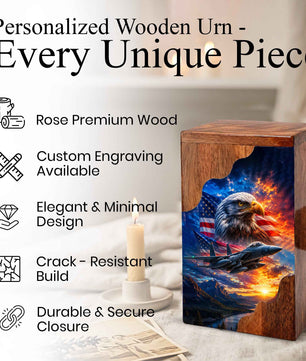 Military Eagle Wooden Cremation Urn for Human Ashes | Personalized Veteran Memorial Urn