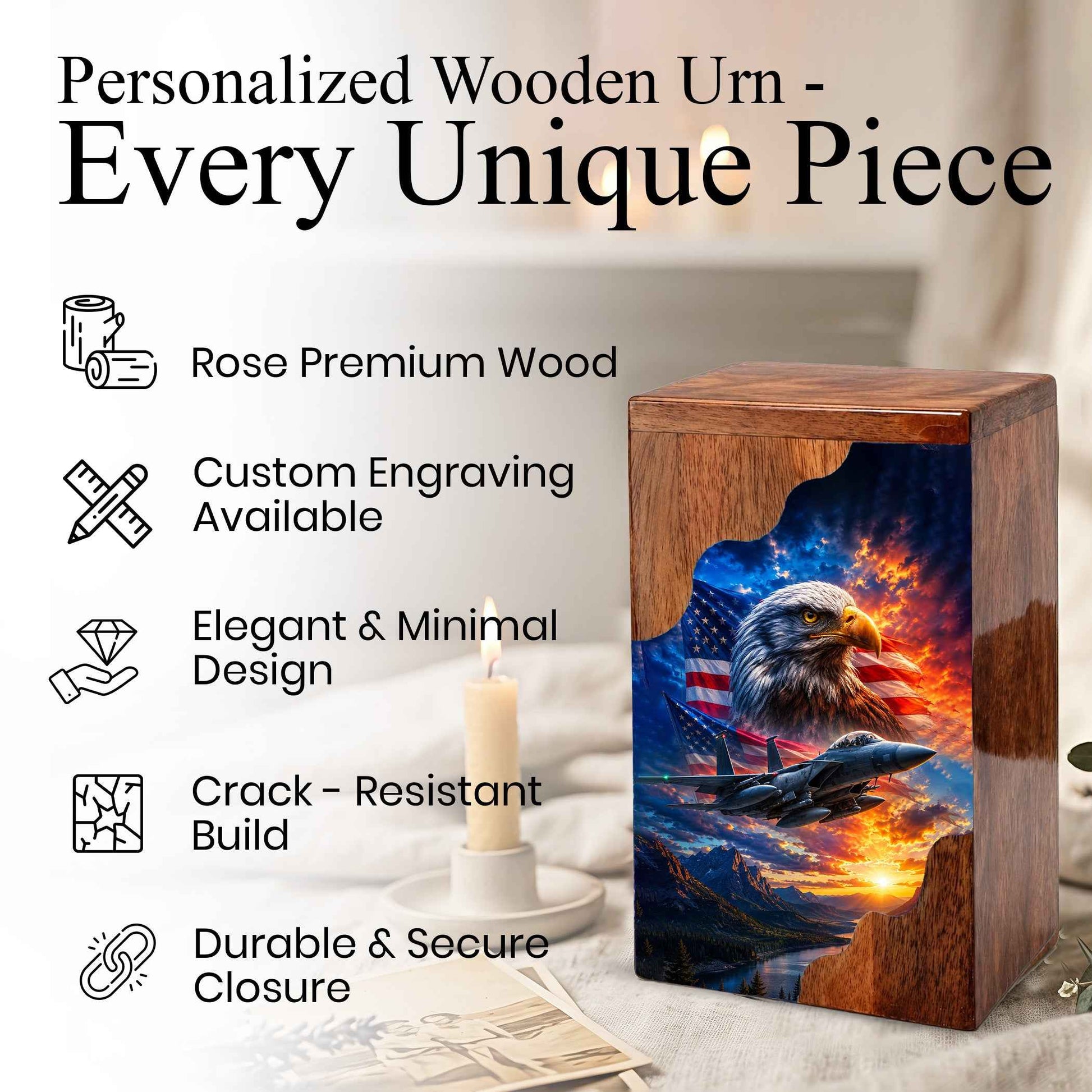 Military Eagle Wooden Cremation Urn for Human Ashes | Personalized Veteran Memorial Urn