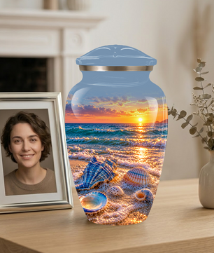 Adult Cremation Urn for Ashes, Personalized Seashell Beach Sunset Urn