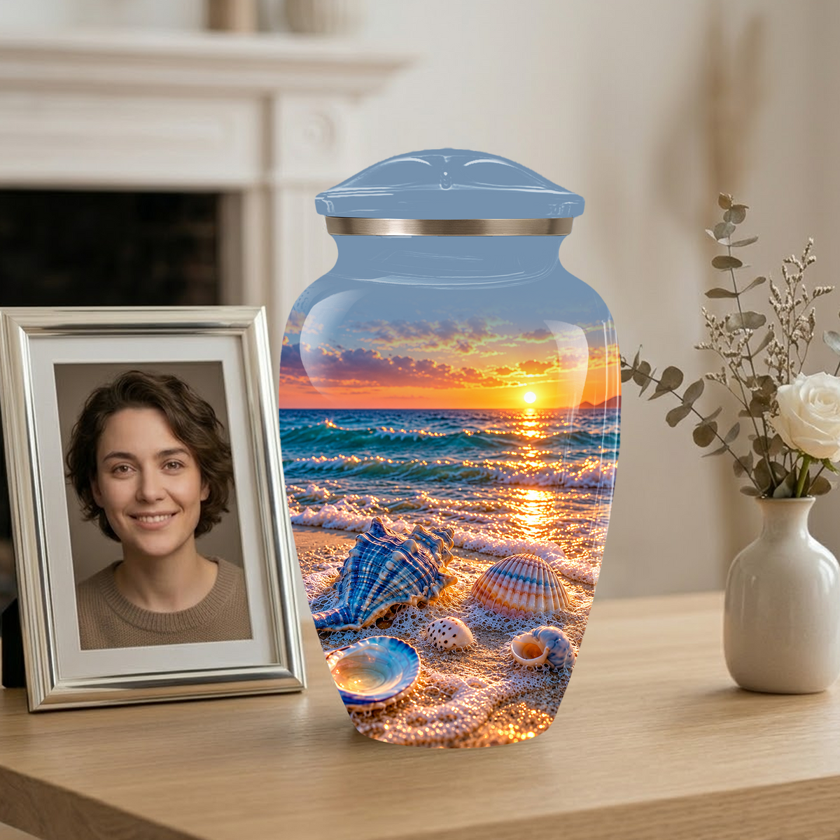Adult Cremation Urn for Ashes, Personalized Seashell Beach Sunset Urn