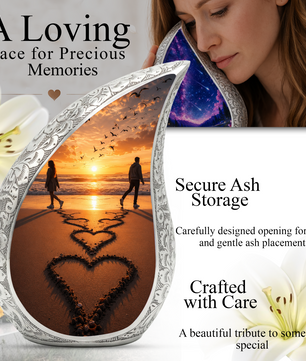 Beach Sunset Cremation Urn for Human Ashes | Heart-Shaped Ocean Memorial Urn & Beach Themed Keepsake Urn