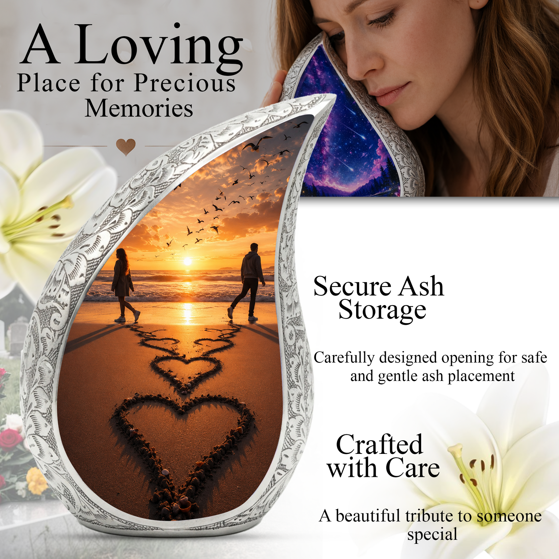 Beach Sunset Cremation Urn for Human Ashes | Heart-Shaped Ocean Memorial Urn & Beach Themed Keepsake Urn