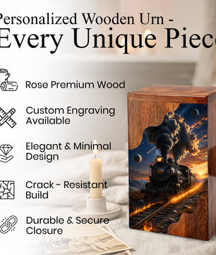 Steam Train Wooden Cremation Urn for Human Ashes | Personalized Railroad Memorial Urn