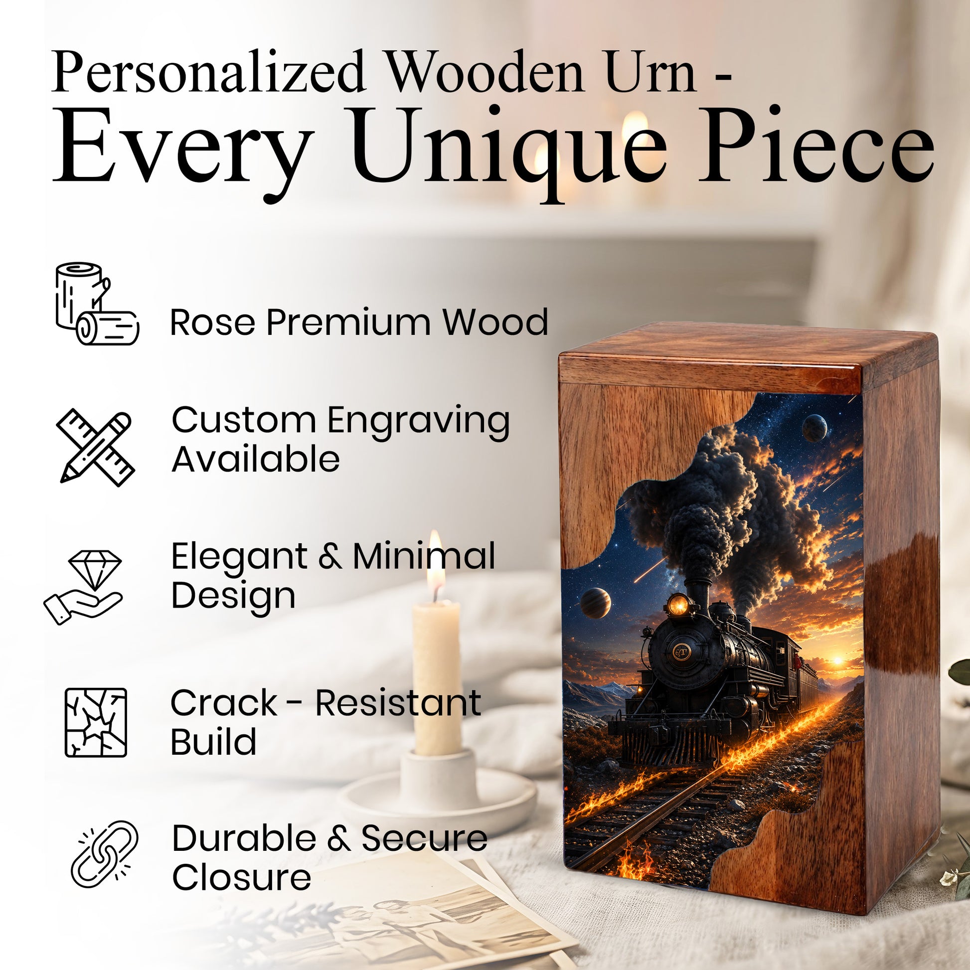 Steam Train Wooden Cremation Urn for Human Ashes | Personalized Railroad Memorial Urn