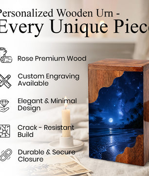 Moonlit Beach Wooden Cremation Urn – Ocean Memorial Urn for Human Ashes | Personalized Coastal Wooden Urn