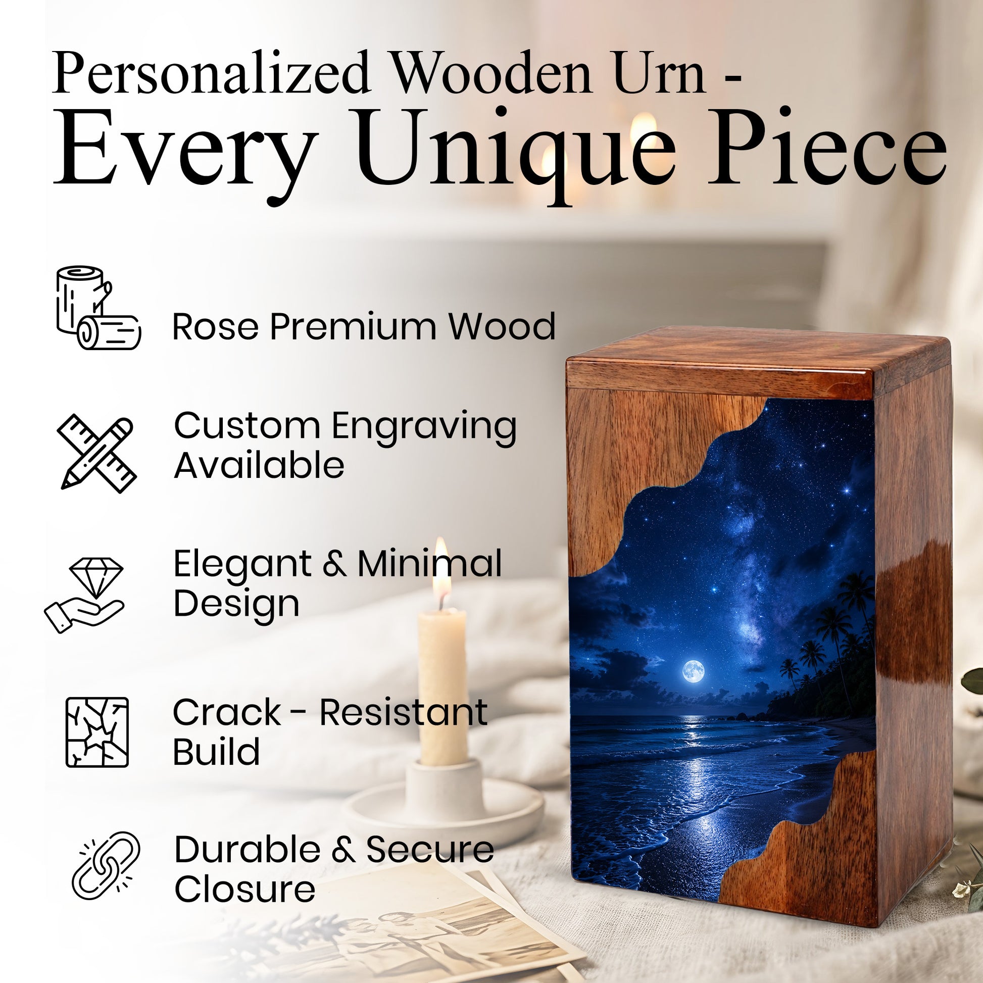 Moonlit Beach Wooden Cremation Urn – Ocean Memorial Urn for Human Ashes | Personalized Coastal Wooden Urn