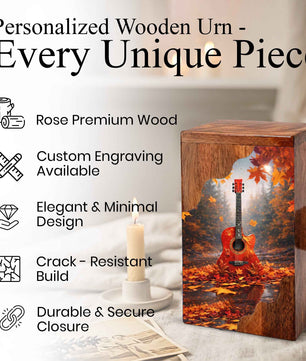 Guitar Wooden Cremation Urn – Autumn Guitar Memorial Urn | Custom Wooden Urn for Human Ashes