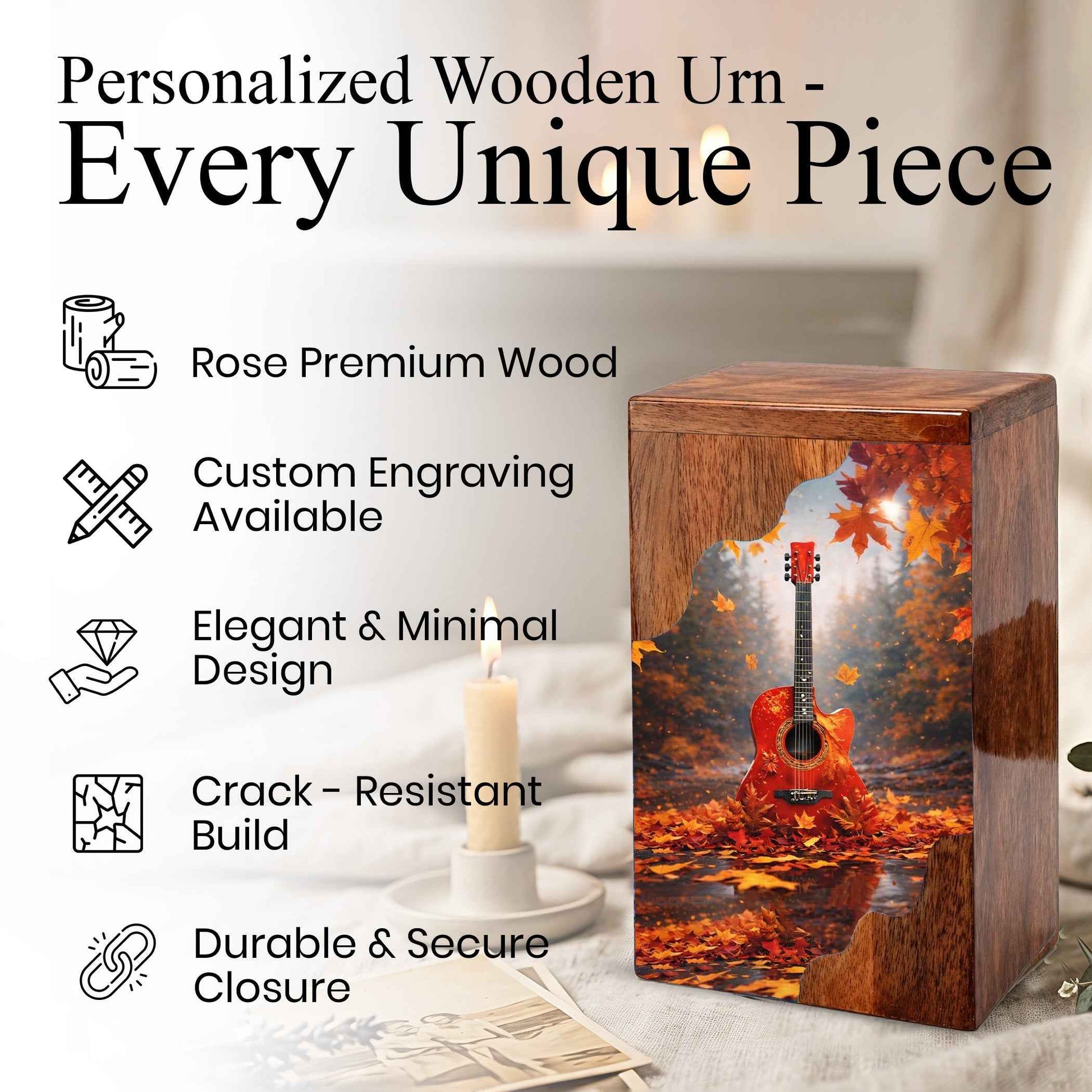 Guitar Wooden Cremation Urn – Autumn Guitar Memorial Urn | Custom Wooden Urn for Human Ashes