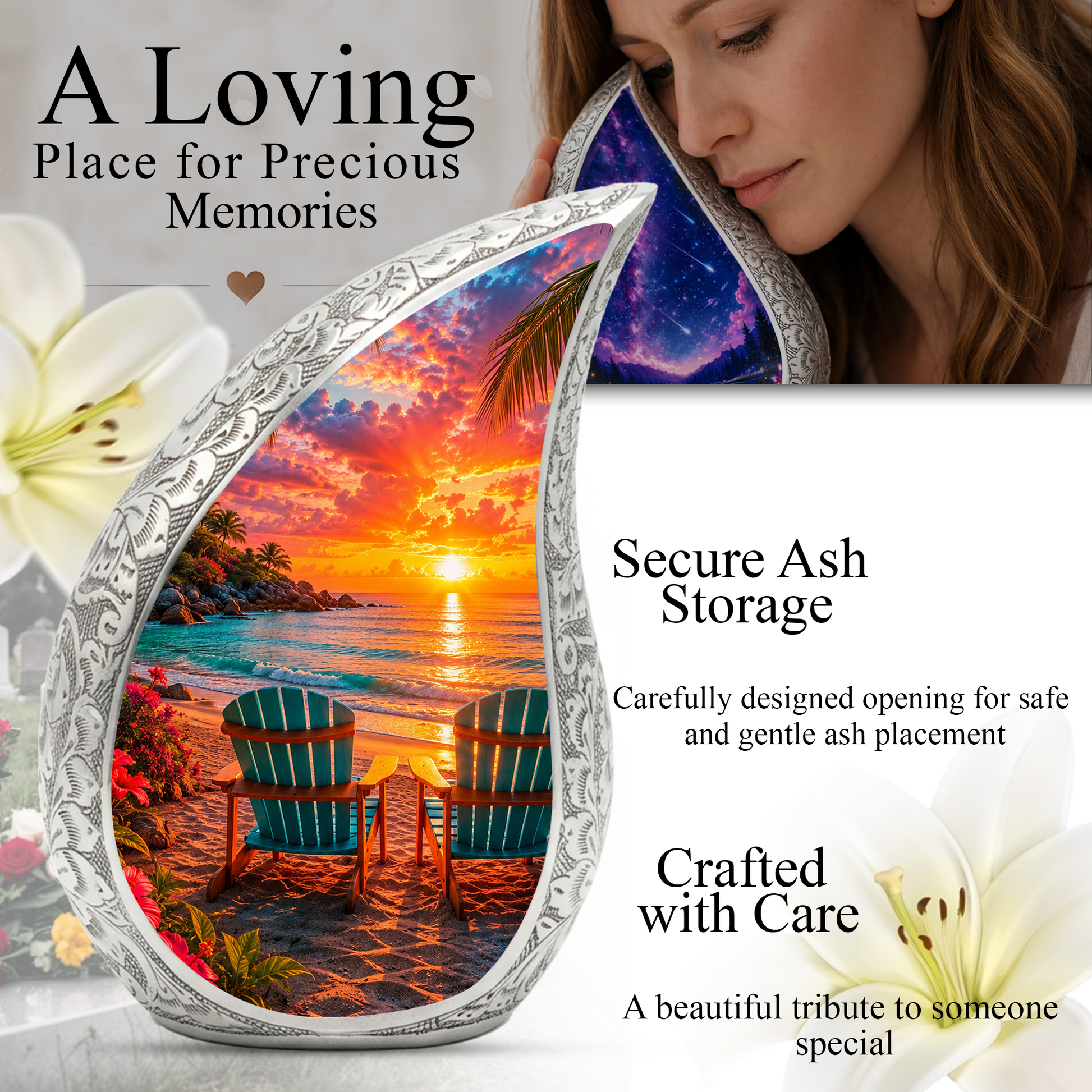 Beach Sunset Adult Cremation Urn for Mom, Dad, Women & Men, Tropical Memorial Urn for Ashes