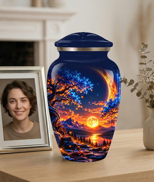 Celestial Moon Cremation Urn for Adult Ashes,  Glowing Crescent Moon, Sunset Mountains and Starry Lake Artwork