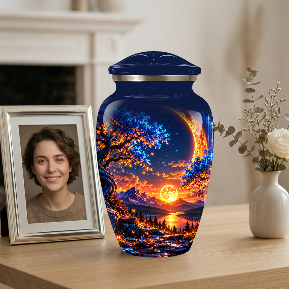 Celestial Moon Cremation Urn for Adult Ashes,  Glowing Crescent Moon, Sunset Mountains and Starry Lake Artwork