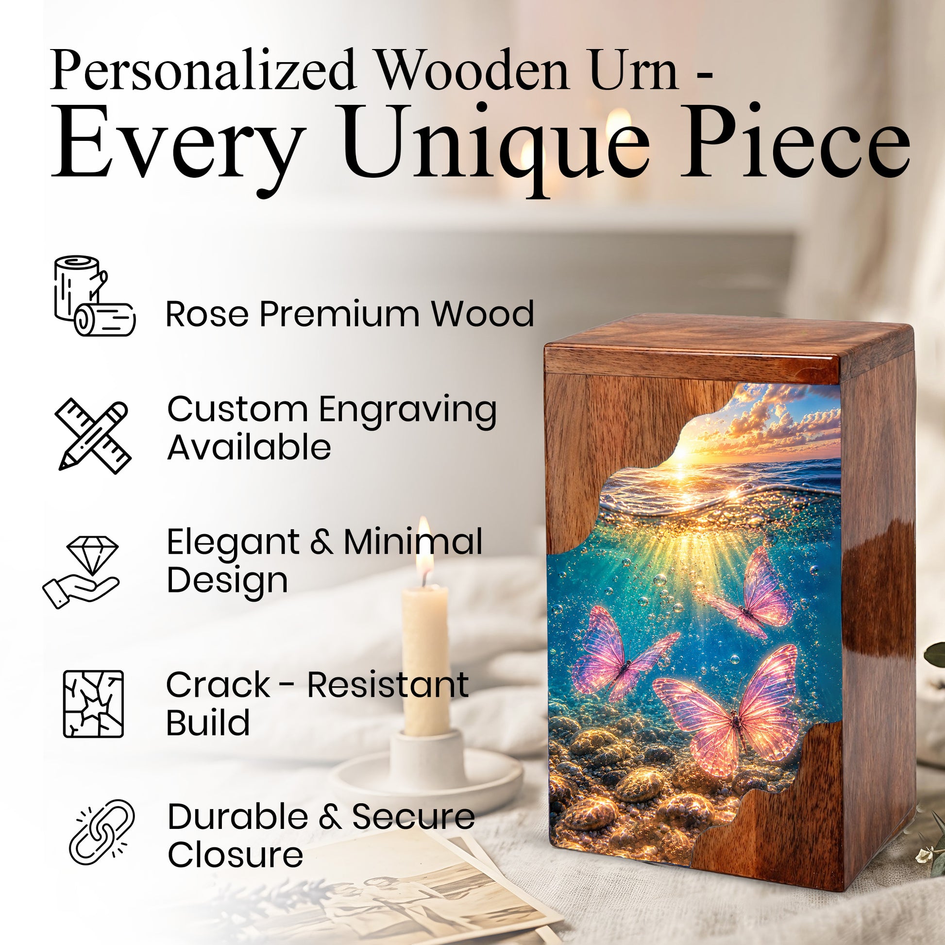 Butterfly Ocean Cremation Urn – Wooden Urn for Human Ashes