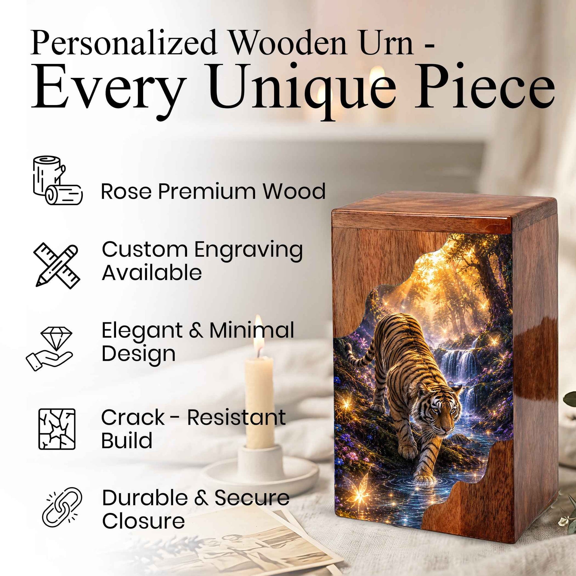 Tiger Wooden Cremation Urn for Human Ashes | Wildlife Memorial Urn | Adult Wooden Urn