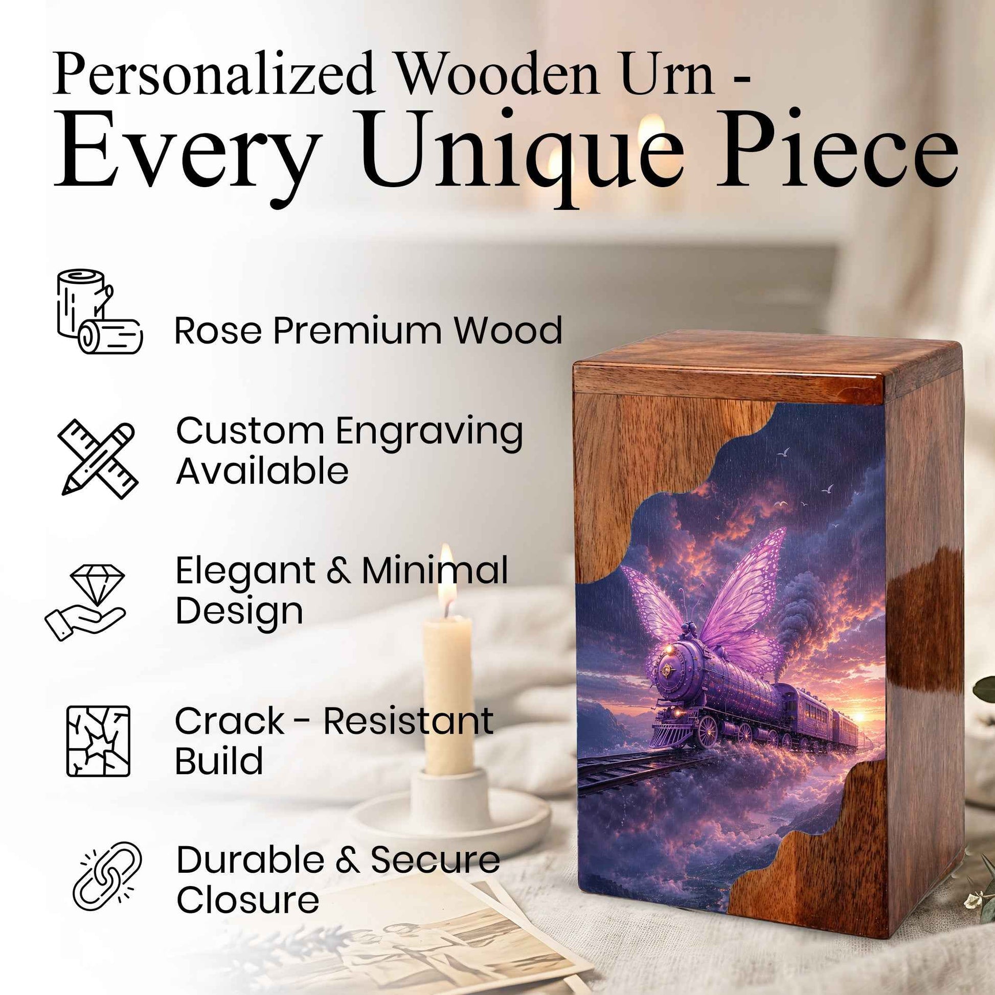 Butterfly Train Wooden Cremation Urn for Human Ashes