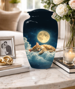 Cat Memorial Urn for Mom | Moon Cat Cremation  Large Urn for Ashes- Funeral Keepsake Urn