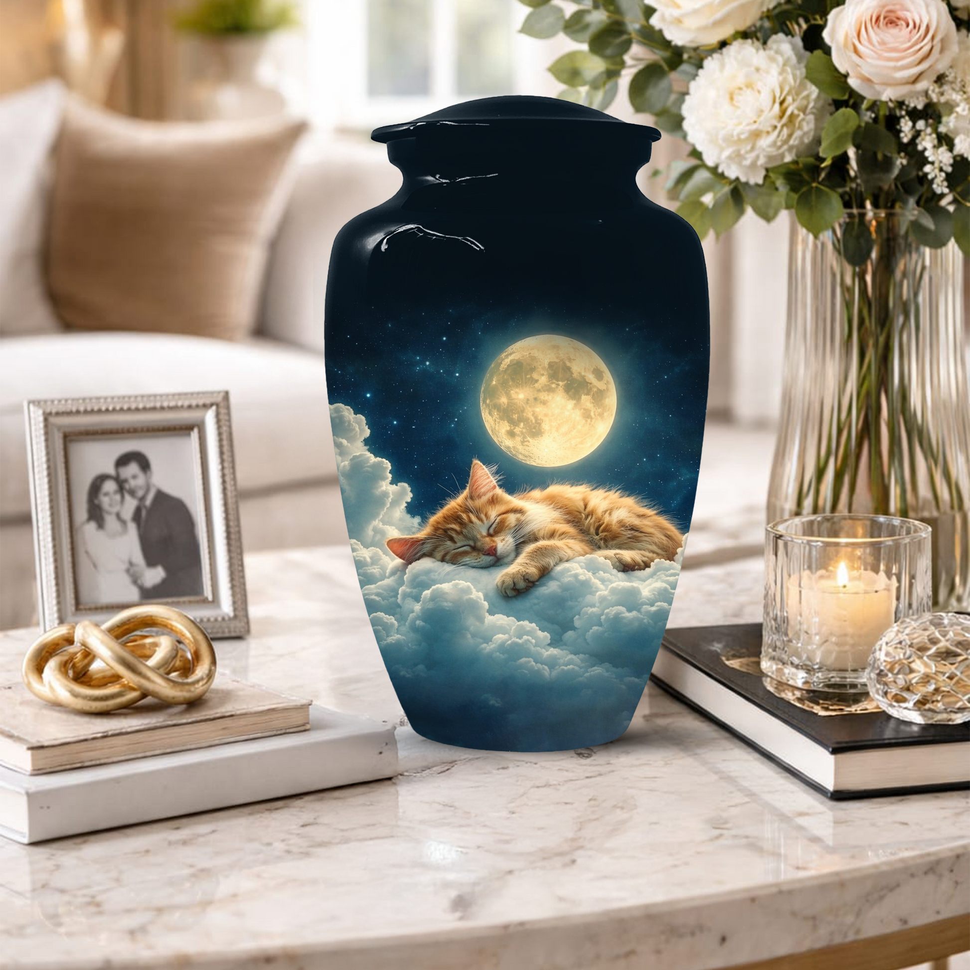 Cat Memorial Urn for Mom | Moon Cat Cremation  Large Urn for Ashes- Funeral Keepsake Urn