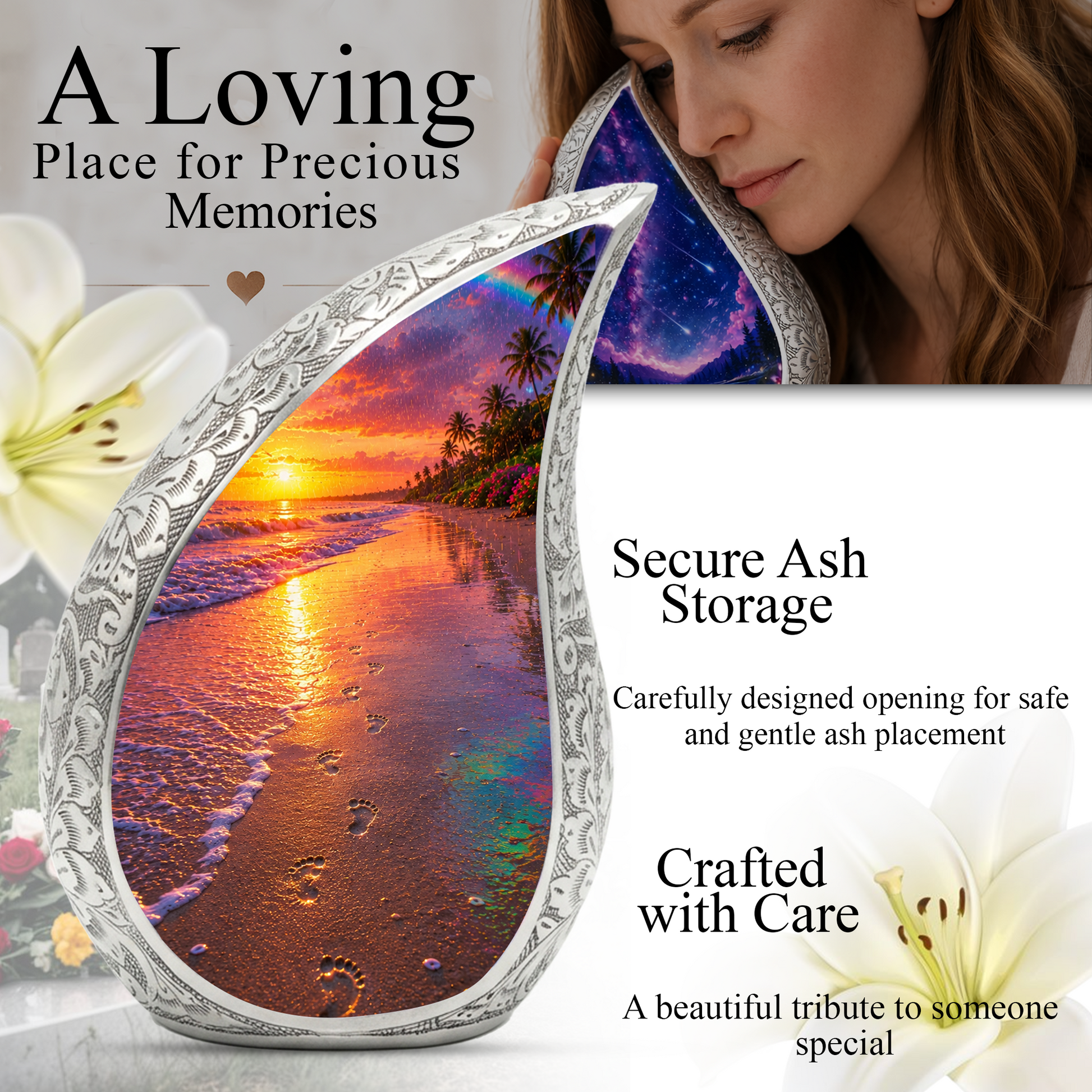 Ocean Beach Sunset Urn for Human Ashes | Tropical Beach Cremation Urn, Ocean Theme Memorial Urn