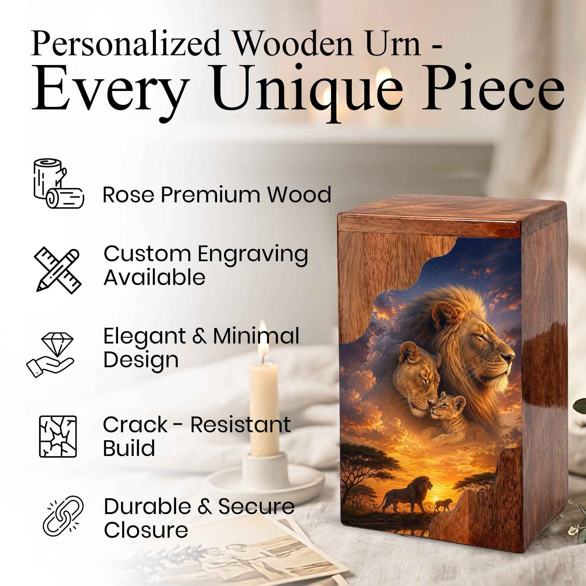 Lion Family Wooden Cremation Urn for Dad, Wooden Urn for Human Ashes, Urn for Papa