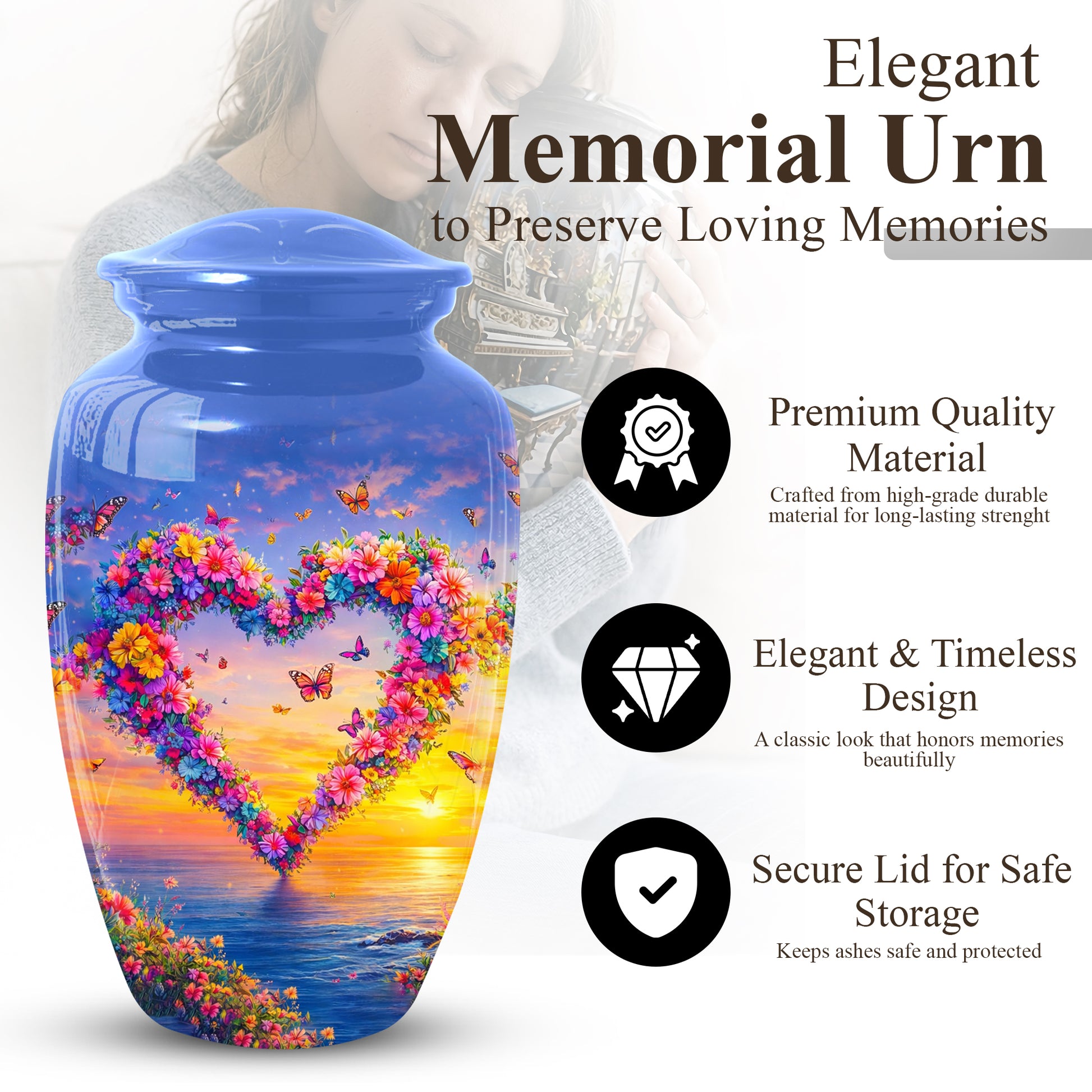Butterfly Urn for Ashes – Floral Heart  Urn for Mom | Adult Female Cremation Large Urn