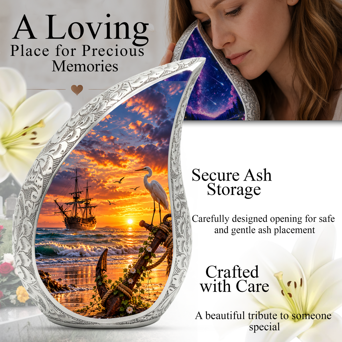 Nautical Cremation Urn for Adult Ashes, Ocean Sunset Memorial Urn, Ship and Anchor Urn, Coastal Urn for Dad