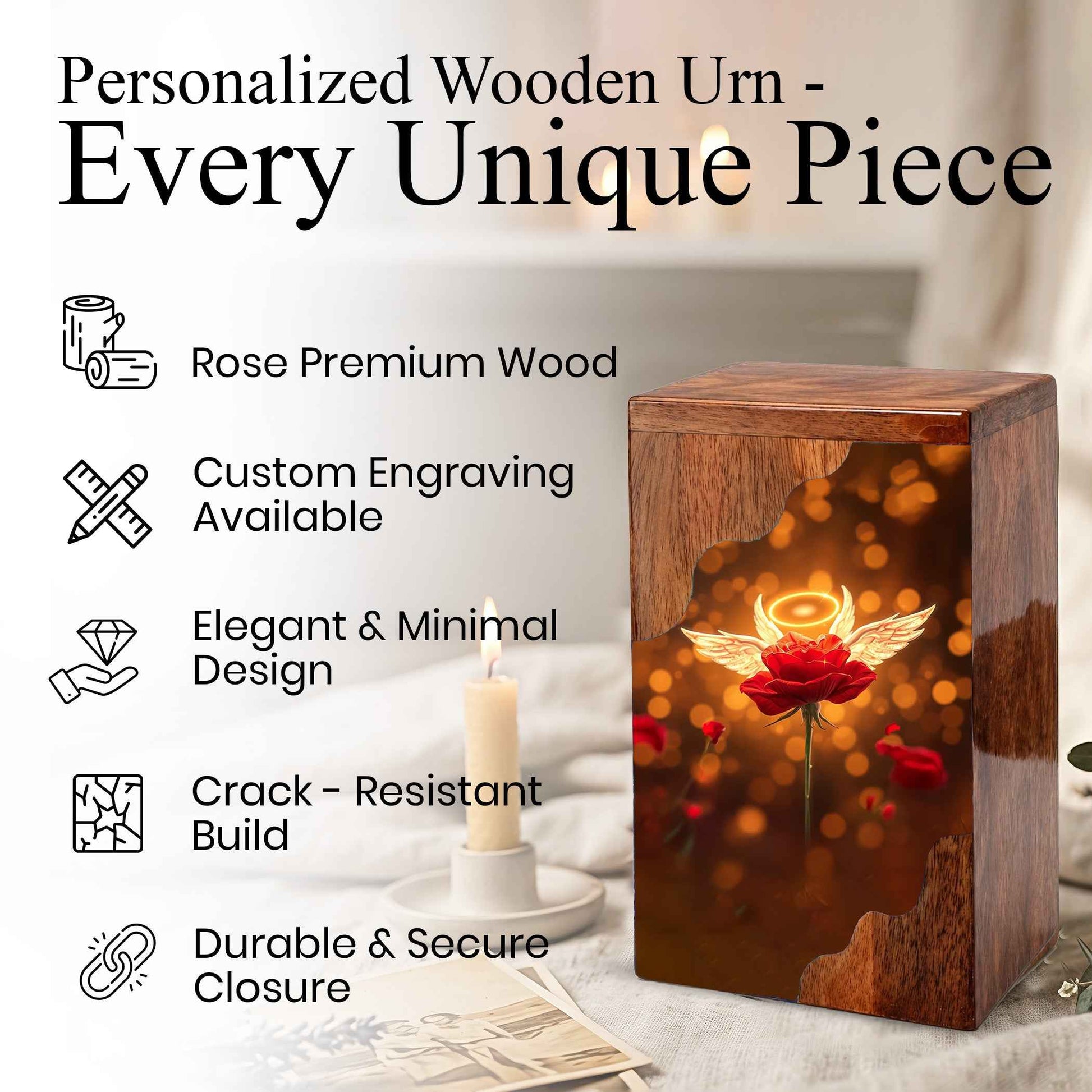 Wooden Cremation Urn – Angel Rose Memorial Urn | Custom Wooden Memorial Urn for Mom