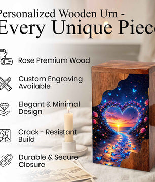 Butterfly Wooden Cremation Urn – Heart Sunset Memorial Urn for Human Ashes